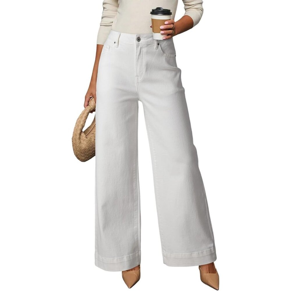 Women's White High Waisted Wide Leg Denim Jeans Stretchy Loose Pants with Pocket - Picture 1 of 3